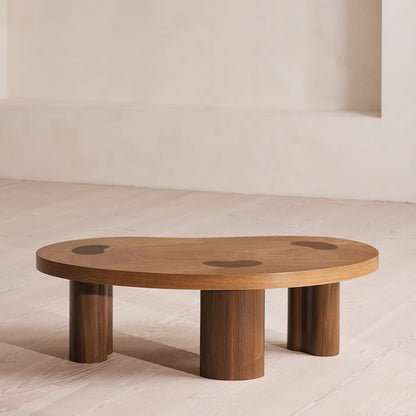 Softly Curved Kidney Shaped Natural Oak & Brown Walnut Wood Coffee Table 47 inch