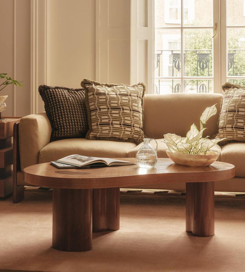 Softly Curved Kidney Shaped Natural Oak & Brown Walnut Wood Coffee Table 47 inch