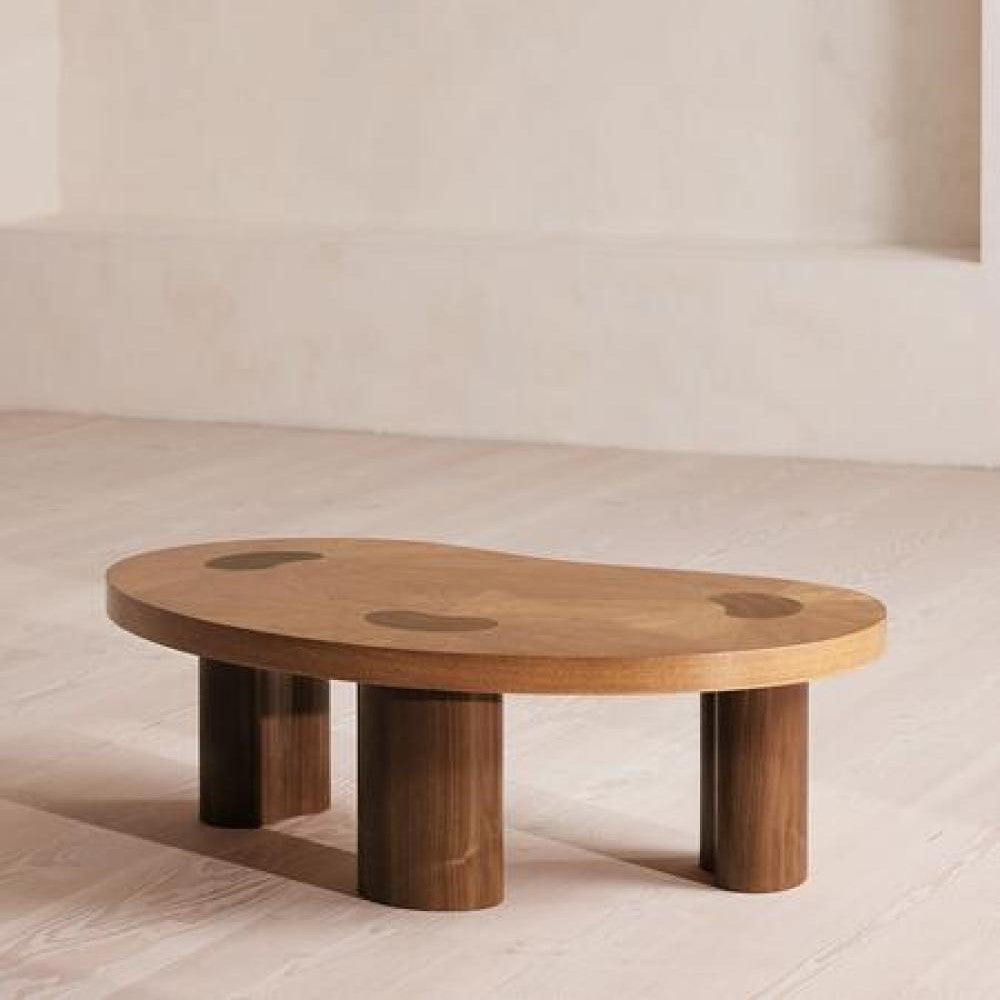 Softly Curved Kidney Shaped Natural Oak & Brown Walnut Wood Coffee Table 47 inch