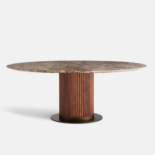 Oval Dining Table Reeded Oak Pedestal Base with Dark Emperador Marble Top 79 inch