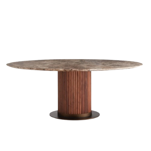 Oval Dining Table Reeded Oak Pedestal Base with Dark Emperador Marble Top 79 inch