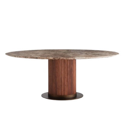 Oval Dining Table Reeded Oak Pedestal Base with Dark Emperador Marble Top 79 inch