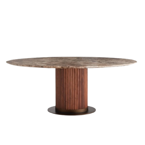Oval Dining Table Reeded Oak Pedestal Base with Dark Emperador Marble Top 79 inch