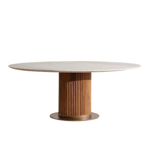 Oval Dining Table Reeded Oak Pedestal Base with Carrara Marble Top 79 inch