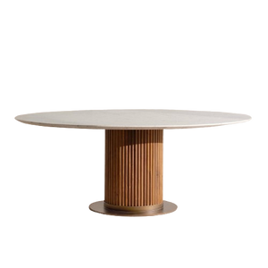 Oval Dining Table Reeded Oak Pedestal Base with Carrara Marble Top 79 inch
