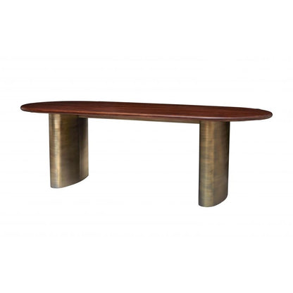 Solid Acacia Wood Top & Brass Double Pedestal Base Oval Dining Table 92 inch