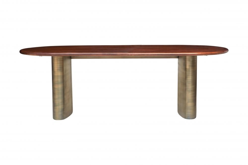 Solid Acacia Wood Top & Brass Double Pedestal Base Oval Dining Table 92 inch