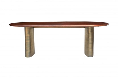 Solid Acacia Wood Top & Brass Double Pedestal Base Oval Dining Table 92 inch