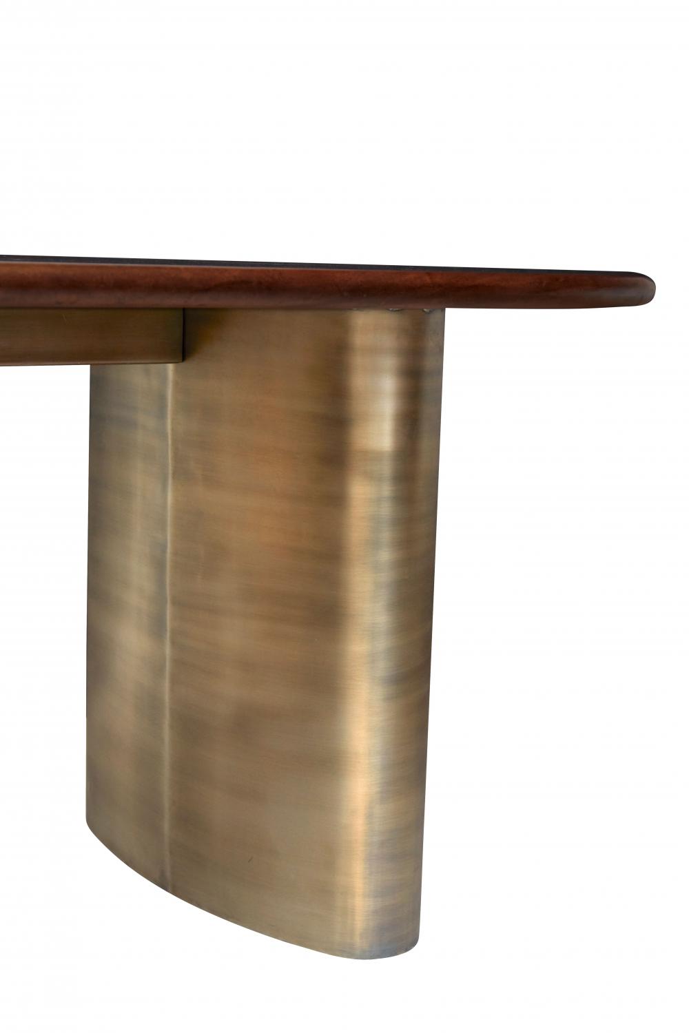 Solid Acacia Wood Top & Brass Double Pedestal Base Oval Dining Table 92 inch