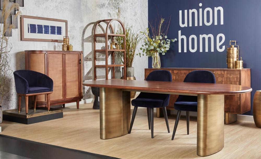 Solid Acacia Wood Top & Brass Double Pedestal Base Oval Dining Table 92 inch