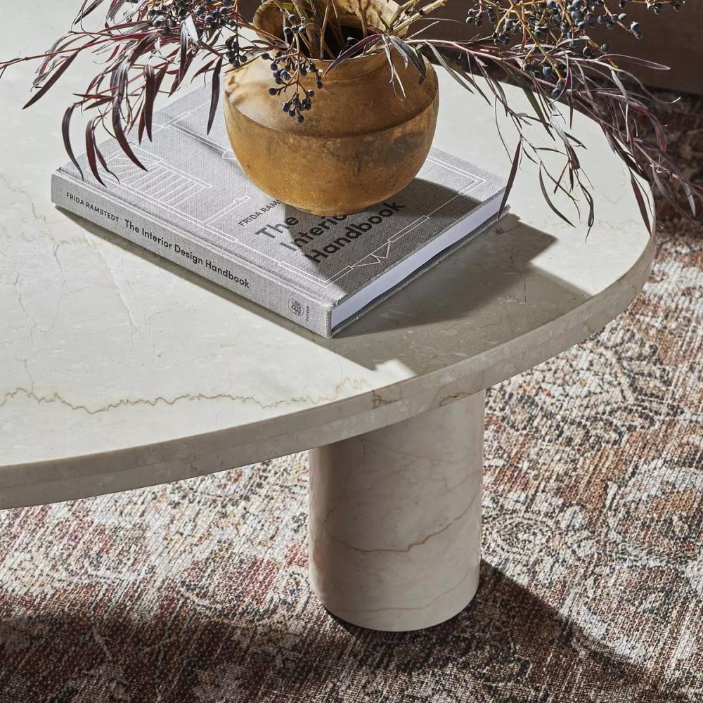 Solid Cream Marble Freeform Pillar Leg Low Profile Coffee Table 36 inch