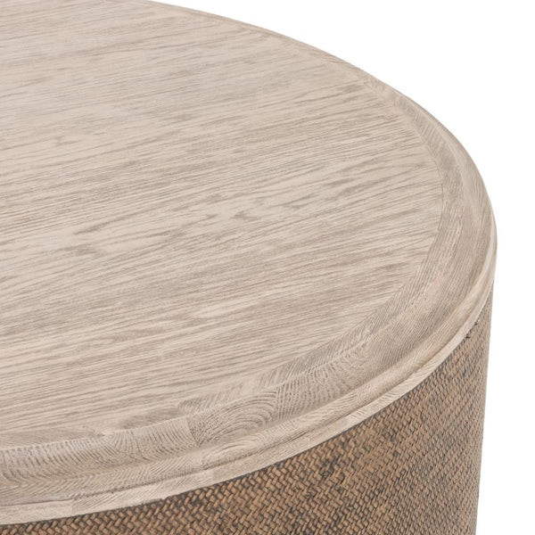 Solid Pine Wood & Rattan Round Coffee Table Weathered Blonde Finish 39 inch