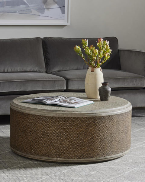 Solid Pine Wood & Rattan Round Coffee Table Weathered Blonde Finish 39 inch