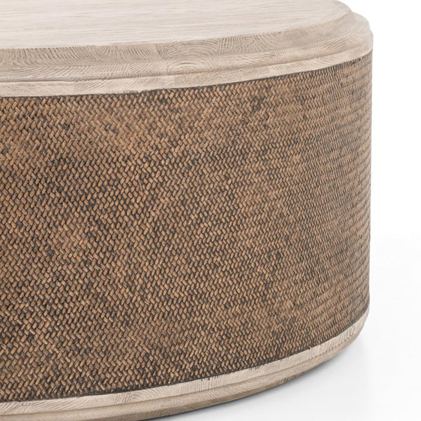 Solid Pine Wood & Rattan Round Coffee Table Weathered Blonde Finish 39 inch