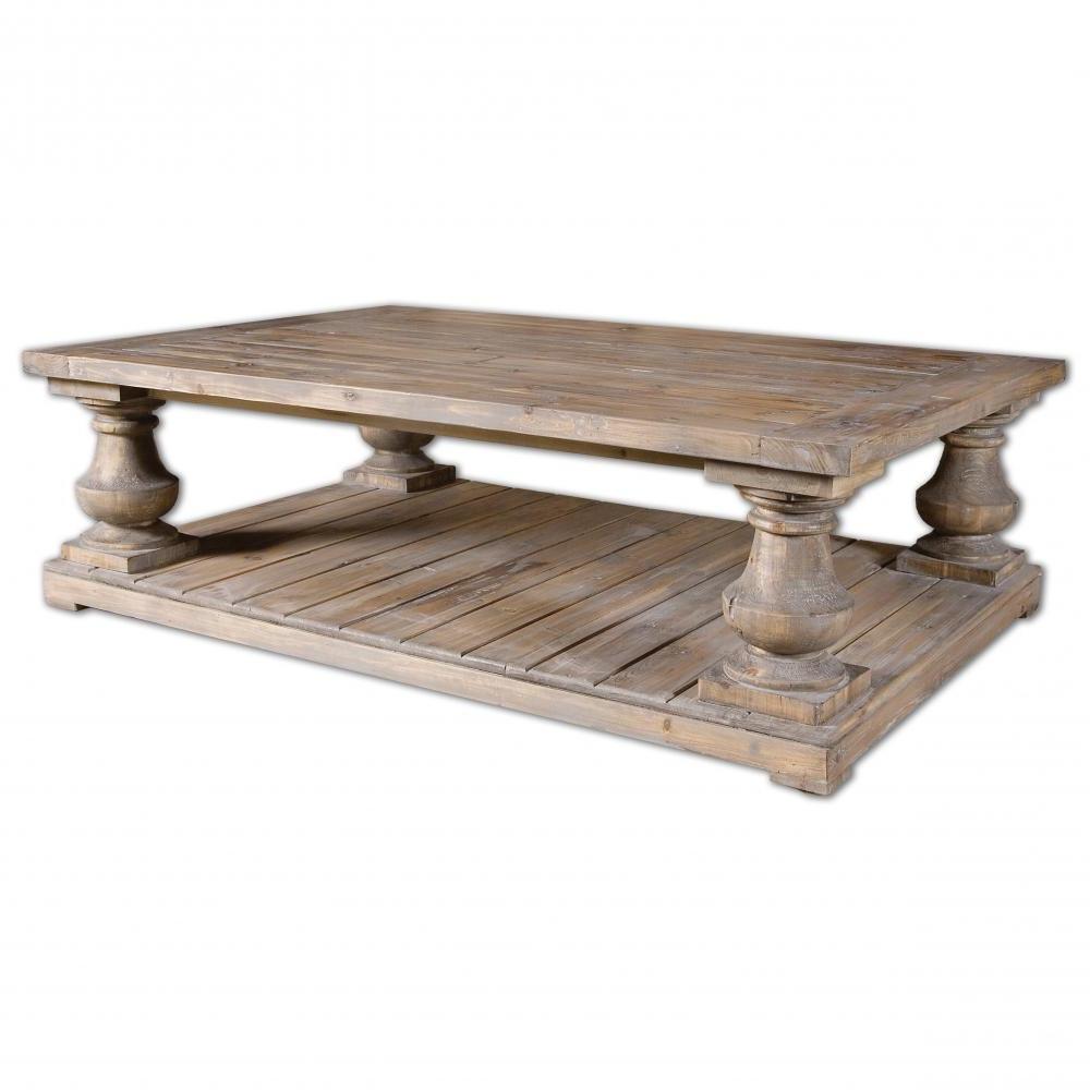 Solid Wood Rustic Farmhouse Rectangle Coffee Table Distressed Gray Wash 59 inch