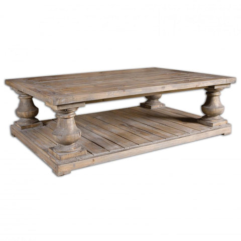 Solid Wood Rustic Farmhouse Rectangle Coffee Table Distressed Gray Wash 59 inch