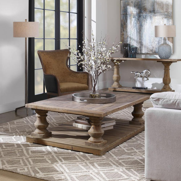 Solid Wood Rustic Farmhouse Rectangle Coffee Table Distressed Gray Wash 59 inch