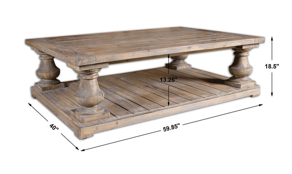 Solid Wood Rustic Farmhouse Rectangle Coffee Table Distressed Gray Wash 59 inch