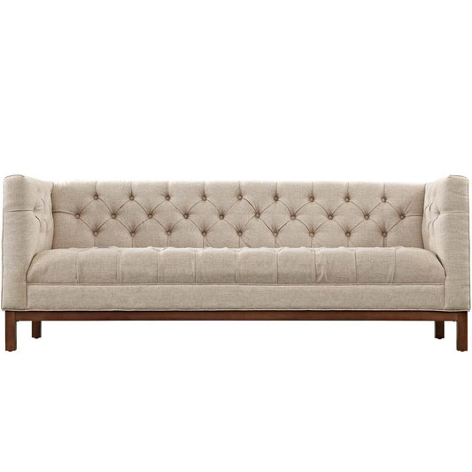 Square Arm Button Tufted Upholstered Neutral Beige Fabric Sofa 84 inch