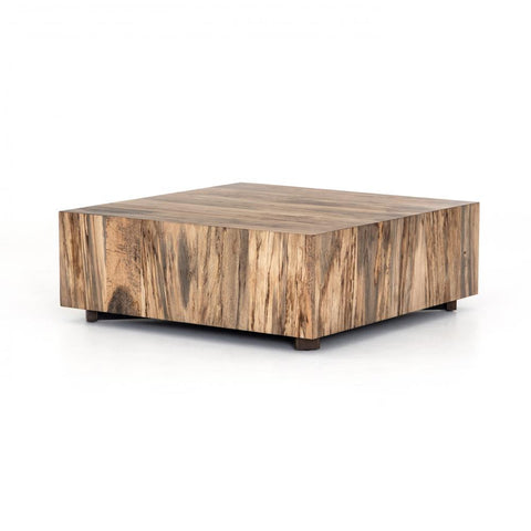 Square Block Coffee Table Spalted Primavera Wood Iron Base 40 inch