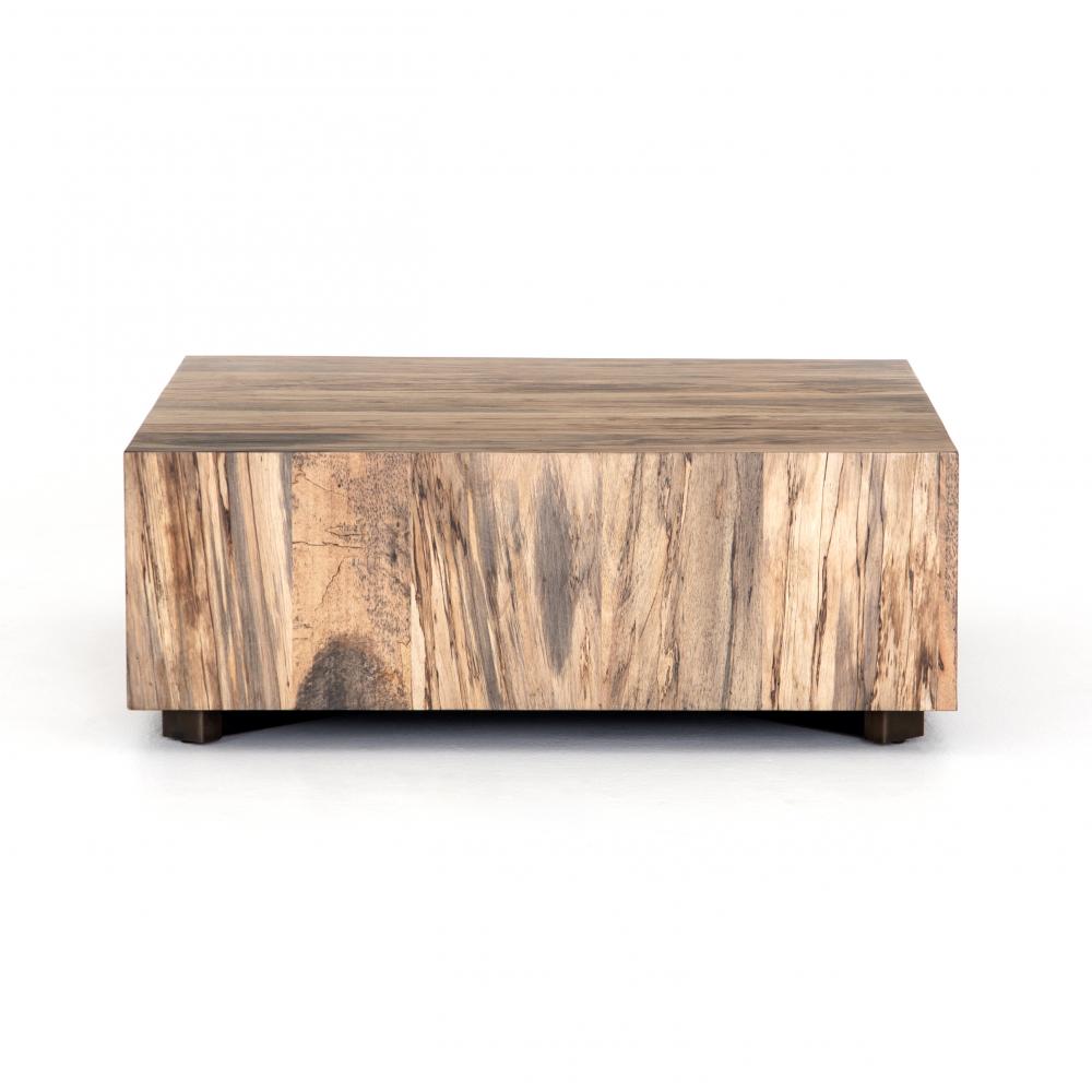 Square Block Coffee Table Spalted Primavera Wood Iron Base 40 inch ...