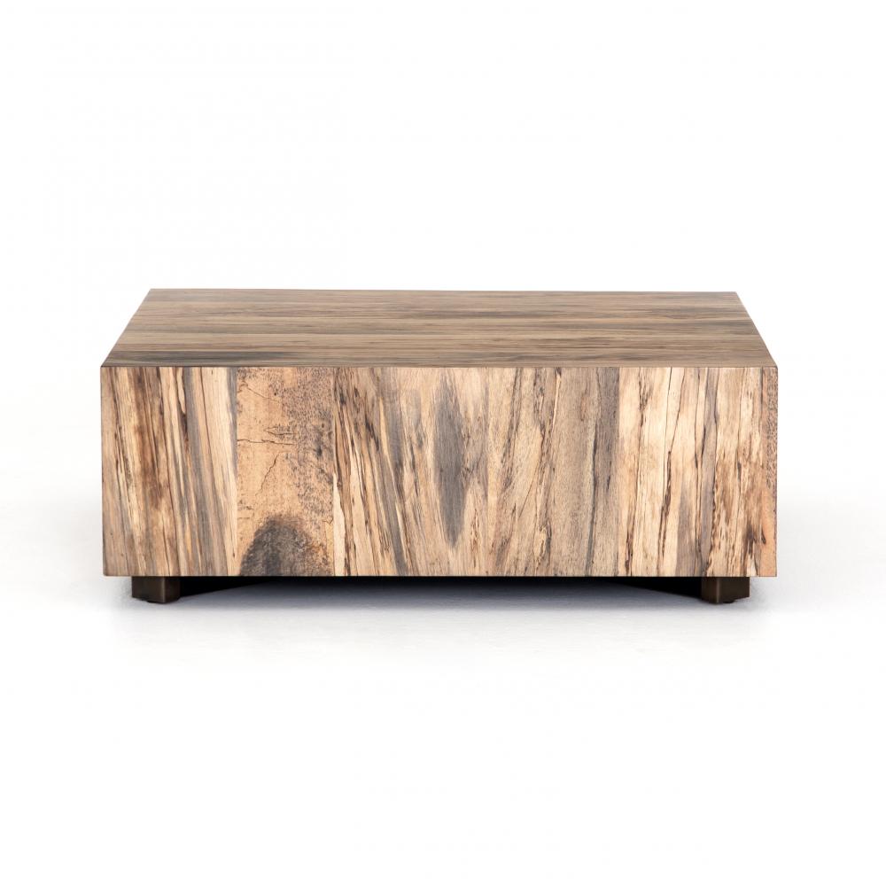 Square Block Coffee Table Spalted Primavera Wood Iron Base 40 inch