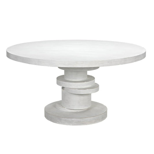 Stacked Discs Pedestal Round Dining Table White Wash Mahogany Wood 60 inch