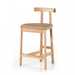 T-Back Counter Stool with Light Tan Leather Seat Solid Wood