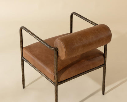 Tan Leather Forged Metal Bolster Back Dining Chair Armchair