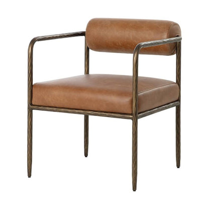 Tan Leather Forged Metal Bolster Back Dining Chair Armchair