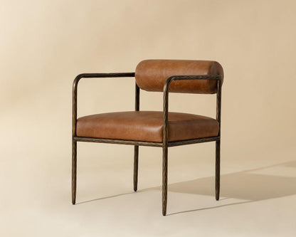 Tan Leather Forged Metal Bolster Back Dining Chair Armchair