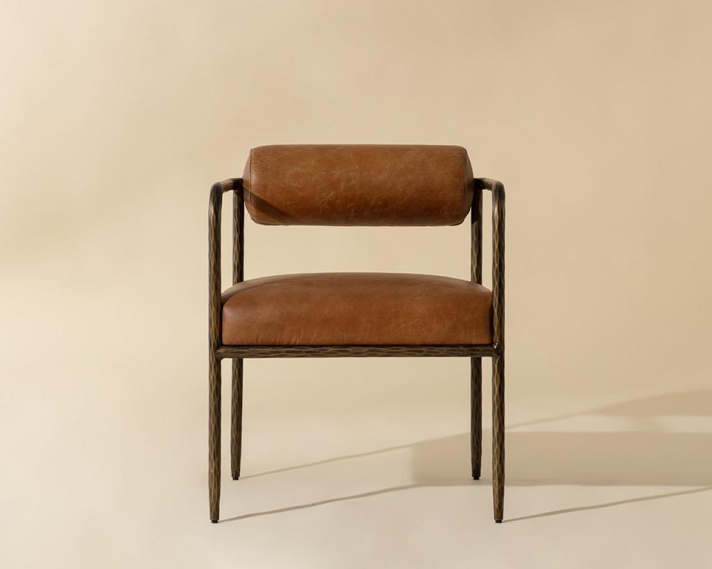 Tan Leather Forged Metal Bolster Back Dining Chair Armchair