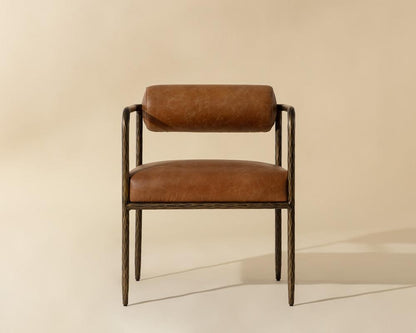 Tan Leather Forged Metal Bolster Back Dining Chair Armchair