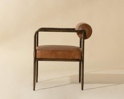 Tan Leather Forged Metal Bolster Back Dining Chair Armchair