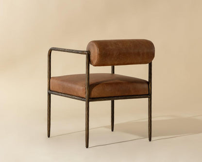 Tan Leather Forged Metal Bolster Back Dining Chair Armchair