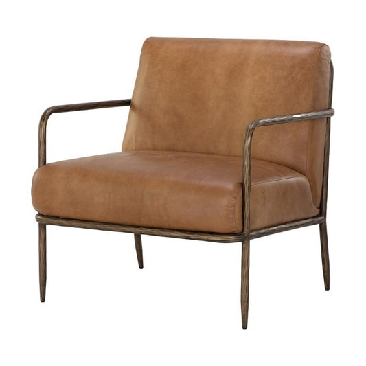 Tan Leather & Hammered Brass Iron Frame Lounge Chair Forged Metal Armchair