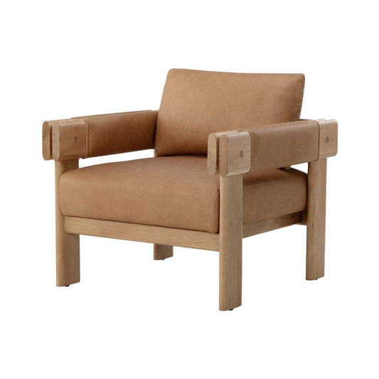 Tan Leather & Solid Oak Wood Lounge Chair Armchair Natural Finish