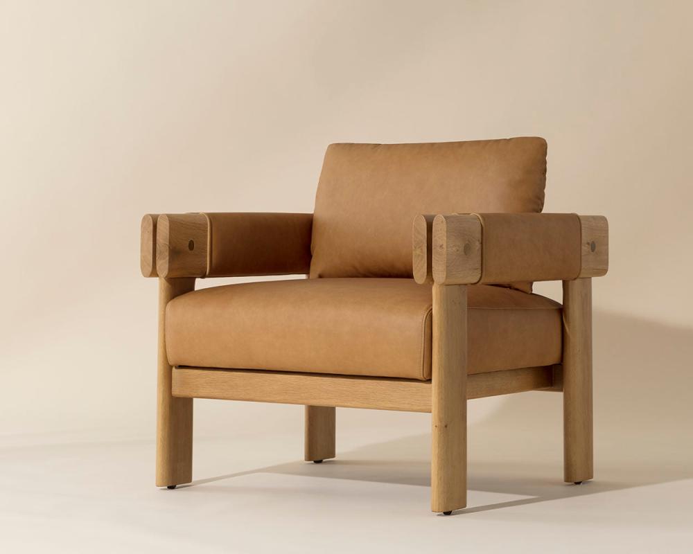 Tan Leather & Solid Oak Wood Lounge Chair Armchair Natural Finish