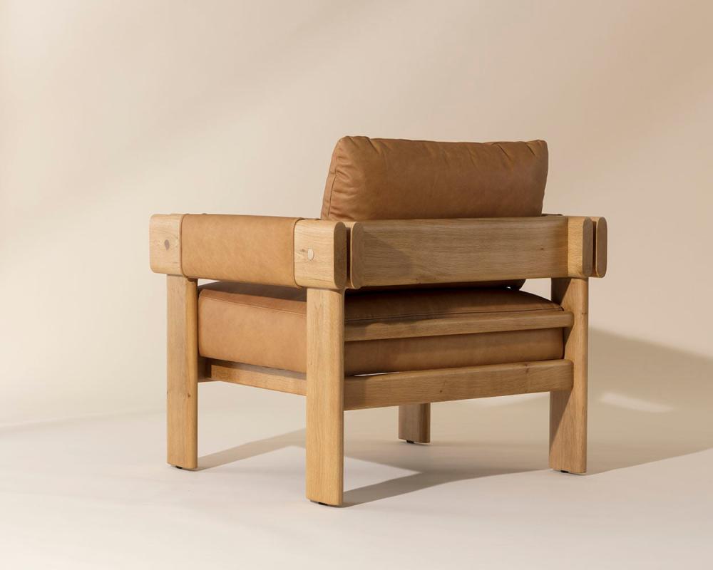 Tan Leather & Solid Oak Wood Lounge Chair Armchair Natural Finish