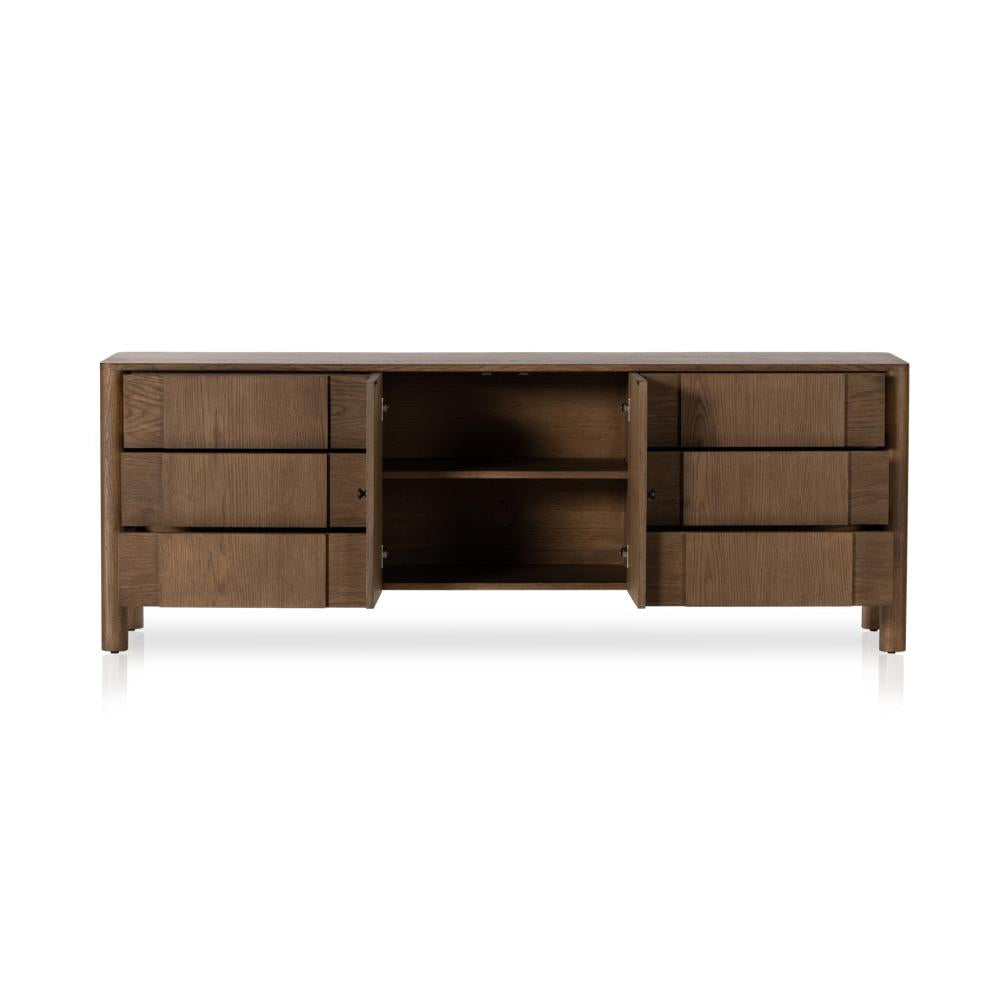 Tan Oak Wood Media Console Storage Cabinet 78 inch