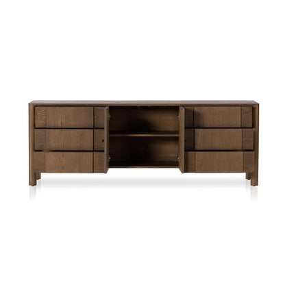 Tan Oak Wood Media Console Storage Cabinet 78 inch