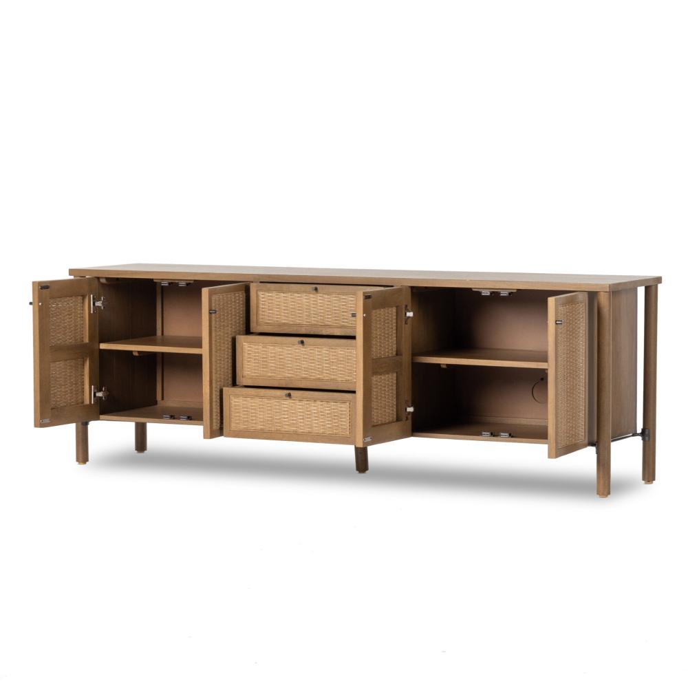 Taupe Cane & Solid Mango Wood Media Console Storage Cabinet 82 inch