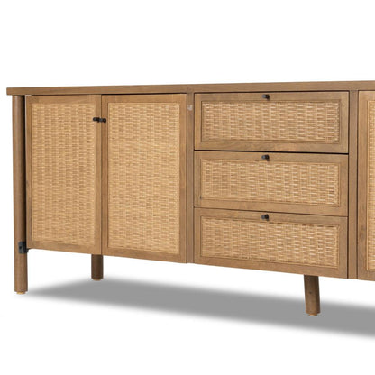 Taupe Cane & Solid Mango Wood Media Console Storage Cabinet 82 inch