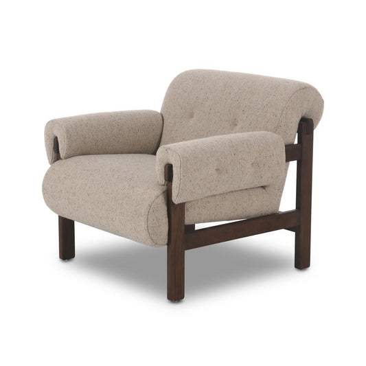 Taupe Fabric & Brown Solid Ash Wood Frame Lounge Chair Armchair