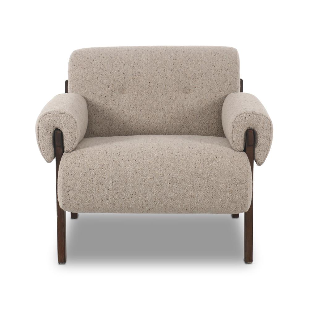 Taupe Fabric & Brown Solid Ash Wood Frame Lounge Chair Armchair