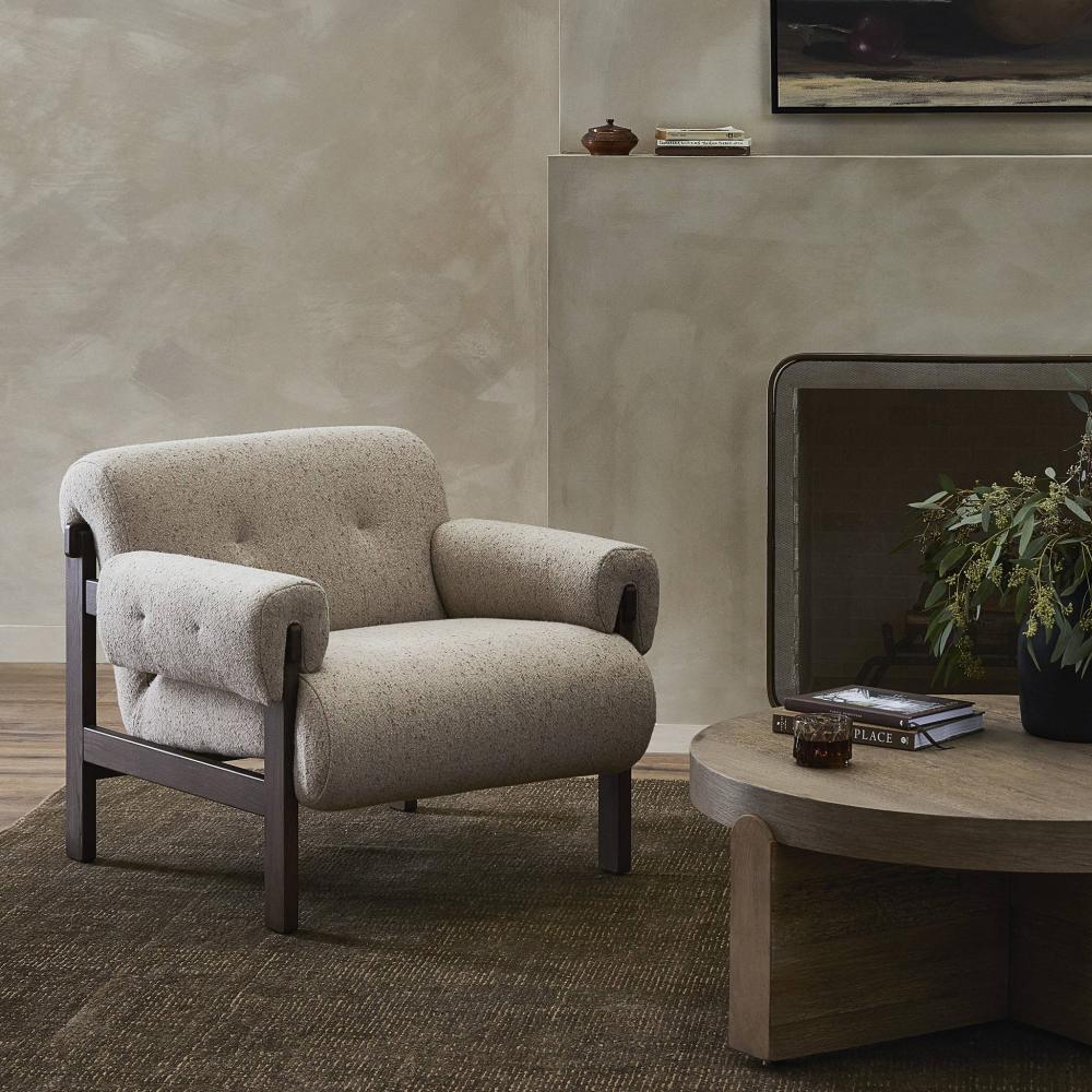 Taupe Fabric & Brown Solid Ash Wood Frame Lounge Chair Armchair