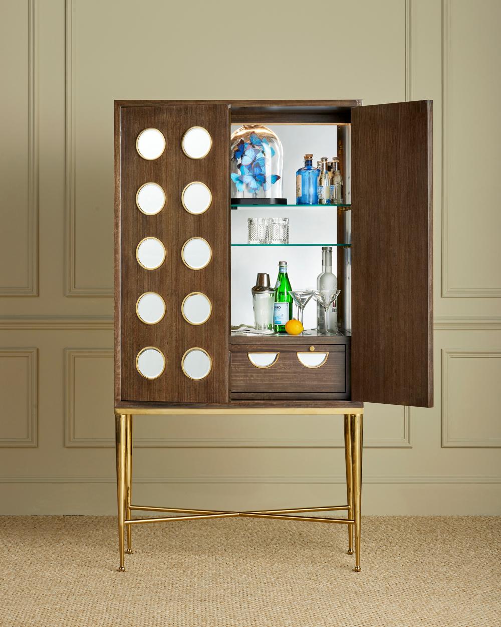 Tawny Brown Wood & Polished Brass Tall Luxury Bar Cabinet Mirror Dotted Doors 38 inch