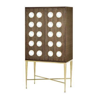 Tawny Brown Wood & Polished Brass Tall Luxury Bar Cabinet Mirror Dotted Doors 38 inch