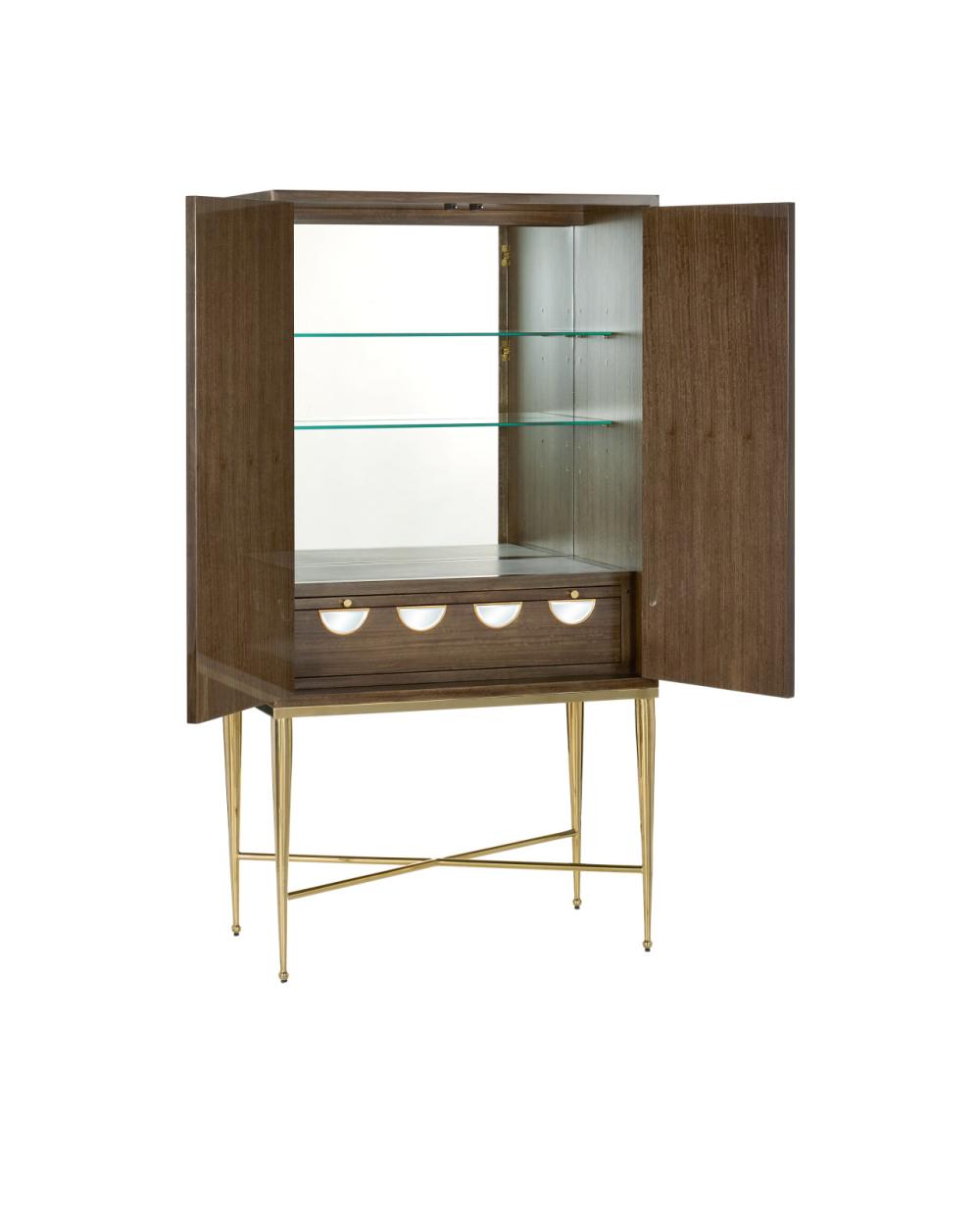 Tawny Brown Wood & Polished Brass Tall Luxury Bar Cabinet Mirror Dotted Doors 38 inch