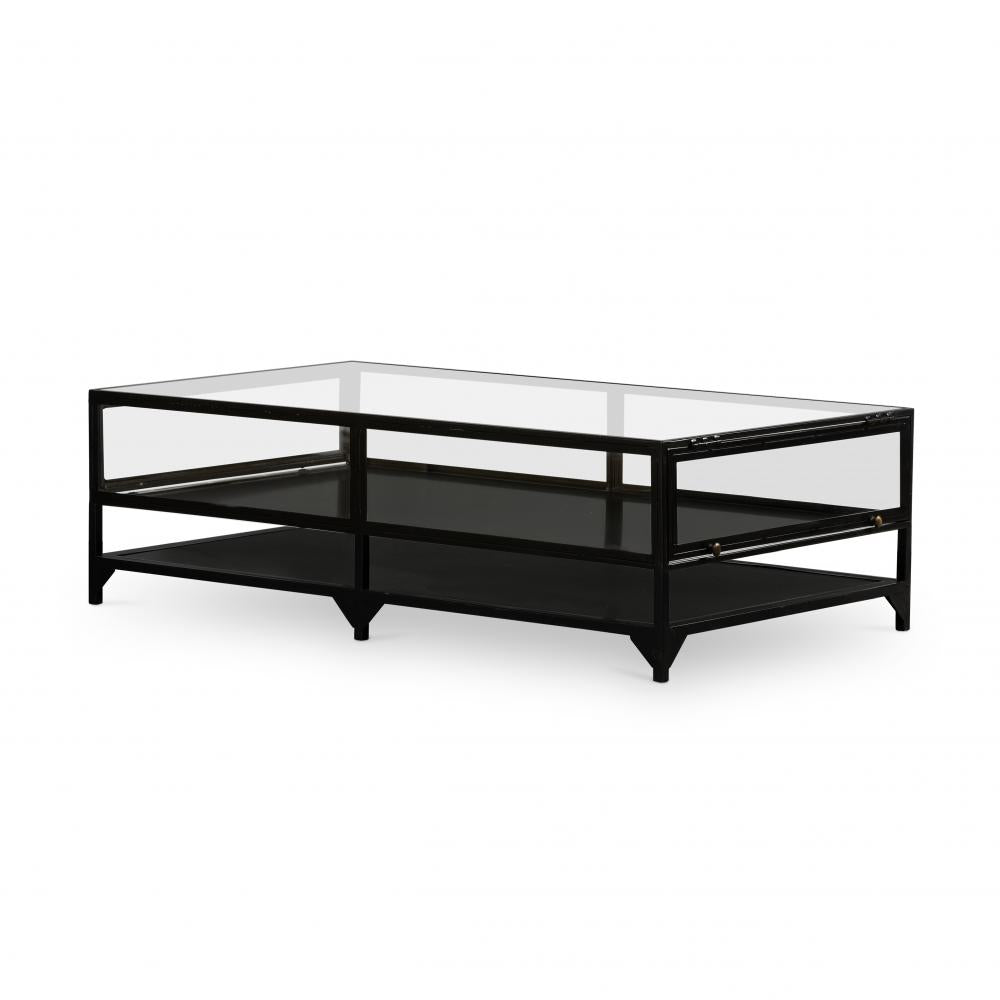 Three Tier Rectangle Shadow Box Coffee Table Glass Top Black Iron Base 54 inch